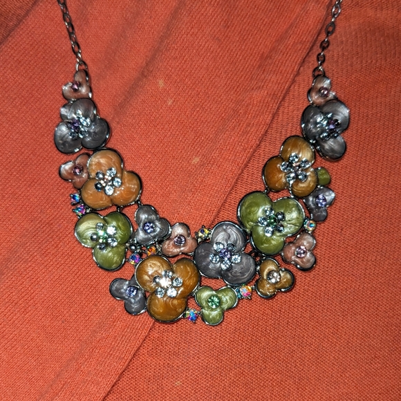New York & Company Chunky Metal Bib Necklace with Rhinestones and Flowers - Picture 5 of 7
